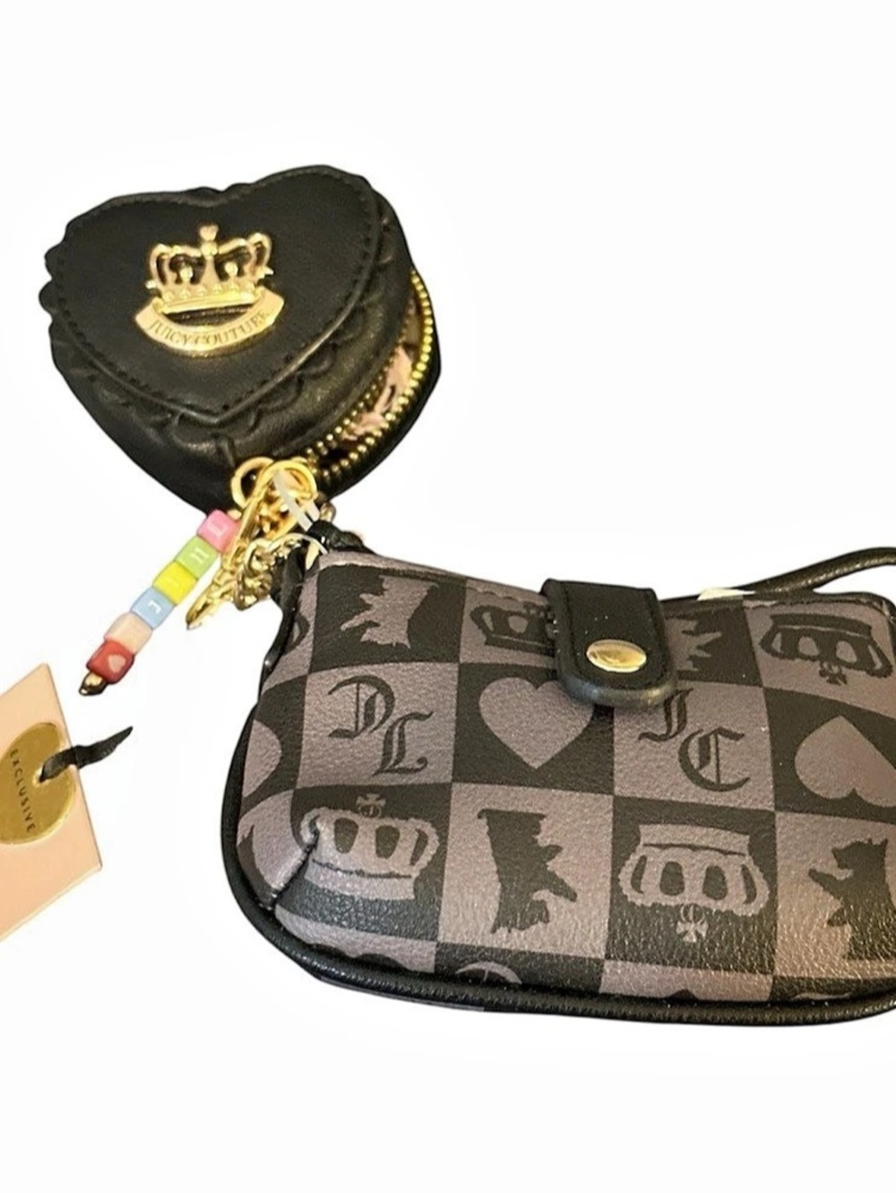 NWT Juicy Couture Black & Gray Mini Bag gold acc charms wristlet heart pouch and
